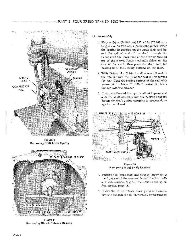 May include: Technical diagram from a manual detailing the assembly of a four-speed transmission. The image includes close-ups of components like the shift lever spring, release bearing, and input shaft bearing. Text labels and diagrams provide assembly instructions.
