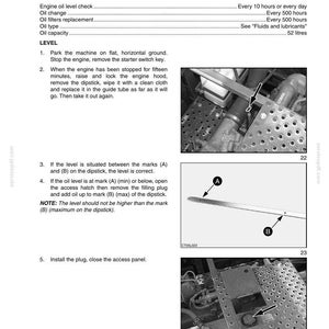 May include: Diagram of engine maintenance instructions. Includes images of engine components, a dipstick with A and B markings, and text detailing oil level checks, oil changes, and filter replacement procedures.