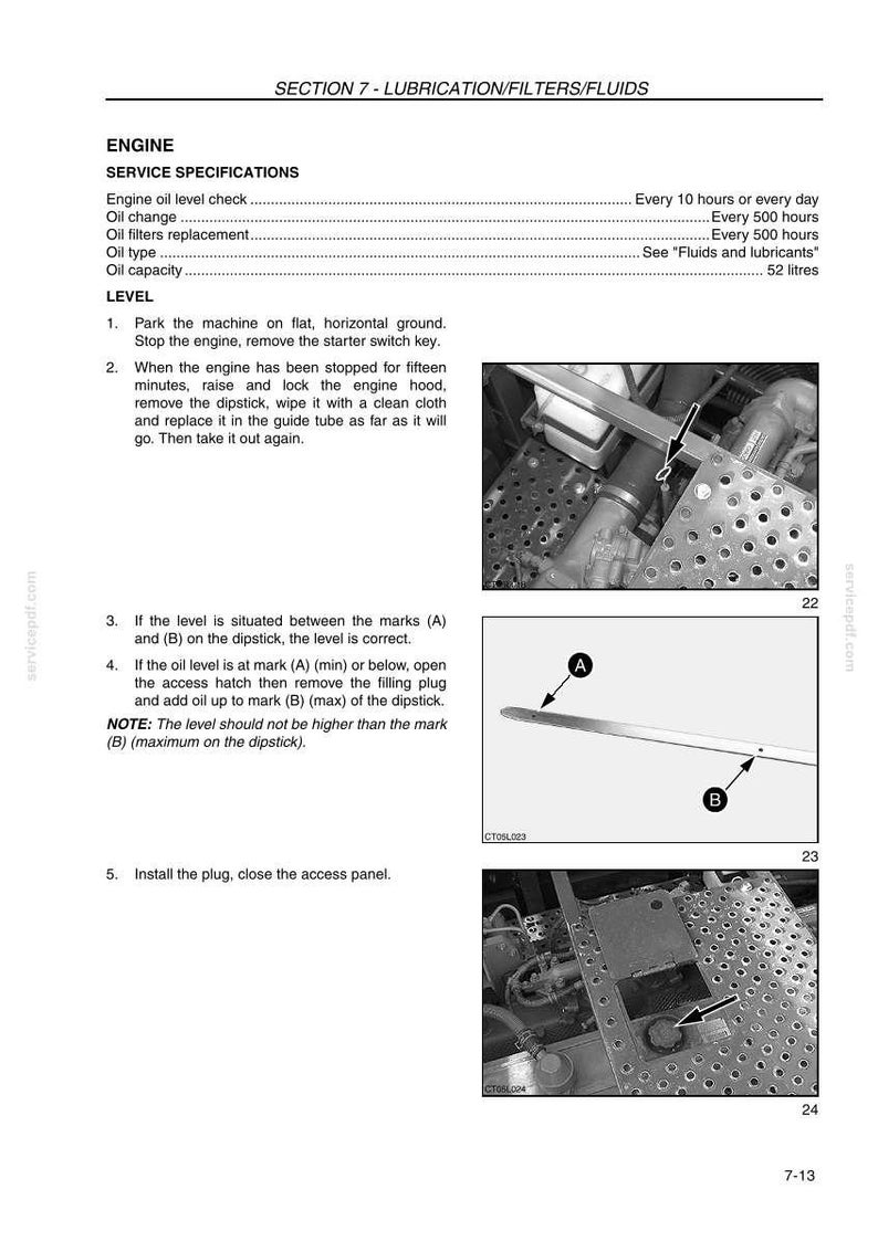 May include: Diagram of engine maintenance instructions. Includes images of engine components, a dipstick with A and B markings, and text detailing oil level checks, oil changes, and filter replacement procedures.