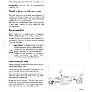 May include: A technical manual page titled LUBRICATION/MAINTENANCE detailing A/C system care. It includes instructions for the condenser, compressor belt, and recirculating air filter, featuring a diagram of a filter with numbered parts 1 and 2.