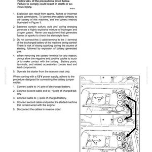May include: A page from an operating manual detailing instructions for assisted starting, or jump-starting, a machine. The text includes safety warnings and numbered steps for connecting jumper cables to a 12V power supply. Diagrams illustrate the correct cable connections.