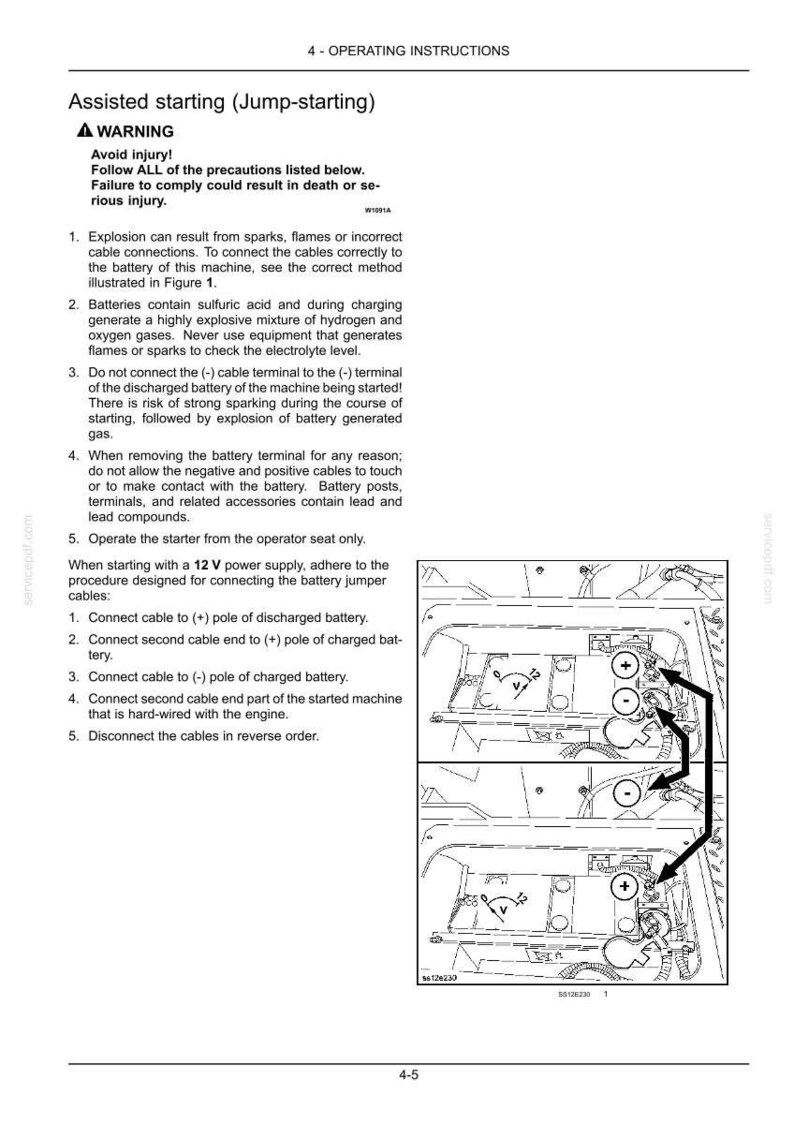 May include: A page from an operating manual detailing instructions for assisted starting, or jump-starting, a machine. The text includes safety warnings and numbered steps for connecting jumper cables to a 12V power supply. Diagrams illustrate the correct cable connections.
