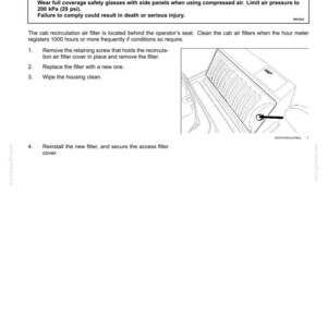 May include: Diagram of a cab air filter and recirculation filter with instructions for maintenance. The image includes a warning about eye injury and the need for safety glasses when using compressed air. The text provides steps for filter replacement.