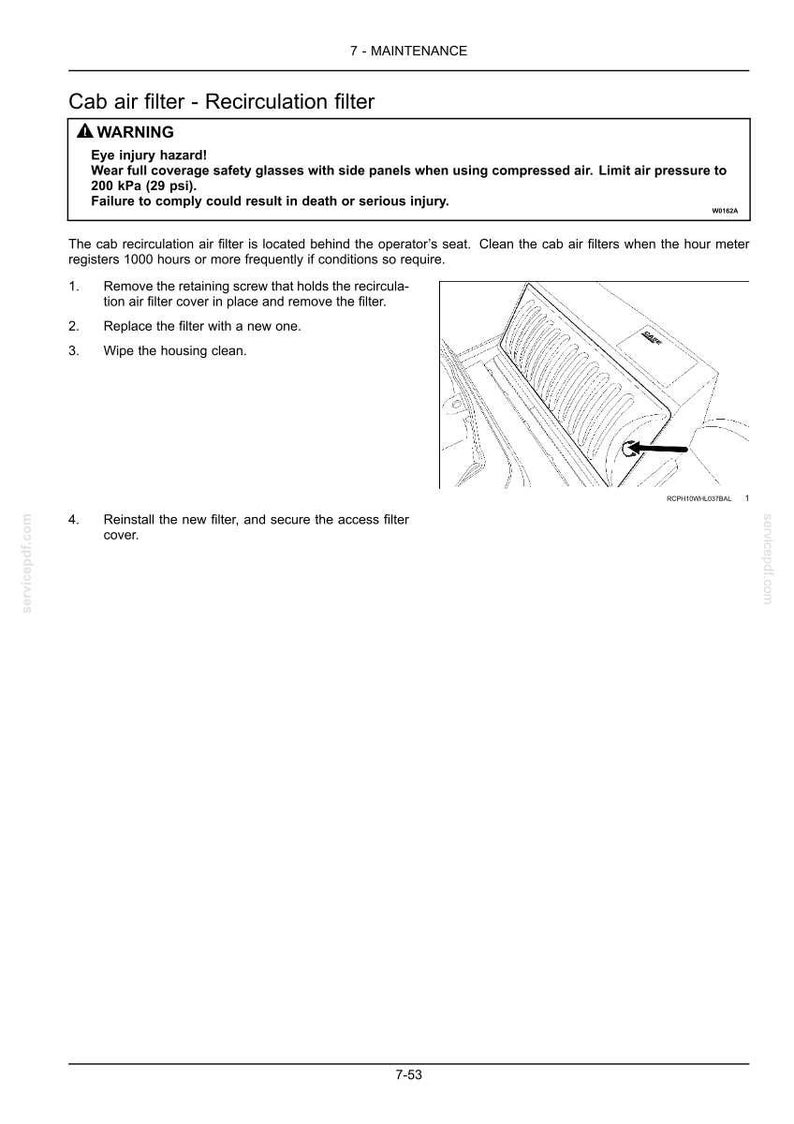 May include: Diagram of a cab air filter and recirculation filter with instructions for maintenance. The image includes a warning about eye injury and the need for safety glasses when using compressed air. The text provides steps for filter replacement.
