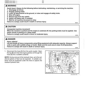 May include: Diagram of a hydrostatic drive system with pump and motor components. Includes warnings, cautions, and danger notices. Instructions detail disconnecting hoses and draining engine gearbox oil. Measurements are in inches.
