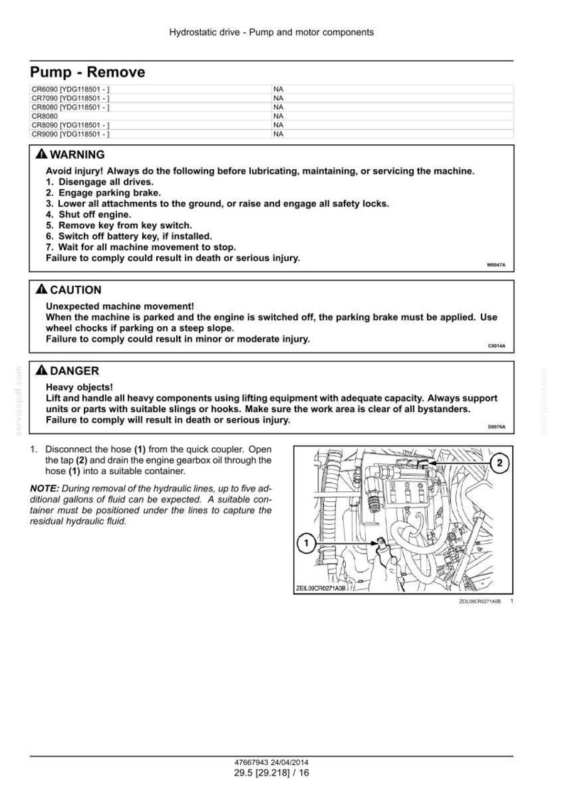 May include: Diagram of a hydrostatic drive system with pump and motor components. Includes warnings, cautions, and danger notices. Instructions detail disconnecting hoses and draining engine gearbox oil. Measurements are in inches.