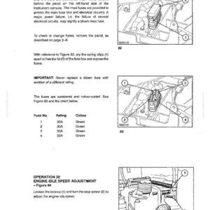 May include: A technical manual page titled Maintenance Requirements - As Required, Section 2. It features three black and white line drawings labeled Figures 82, 83, and 84, illustrating fuse box locations, fuse identification, and engine idle speed adjustment.