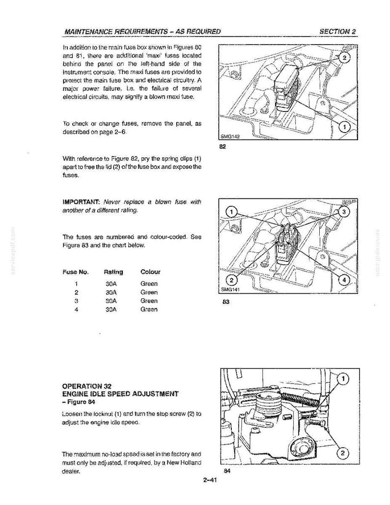 May include: A technical manual page titled Maintenance Requirements - As Required, Section 2. It features three black and white line drawings labeled Figures 82, 83, and 84, illustrating fuse box locations, fuse identification, and engine idle speed adjustment.