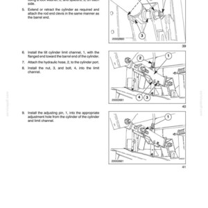 May include: A technical manual page titled SECTION 35 - HYDRAULIC SYSTEM - CHAPTER 1, featuring three black and white line drawings with numbered callouts illustrating the installation of a hydraulic cylinder, a limit channel, and an adjusting pin.