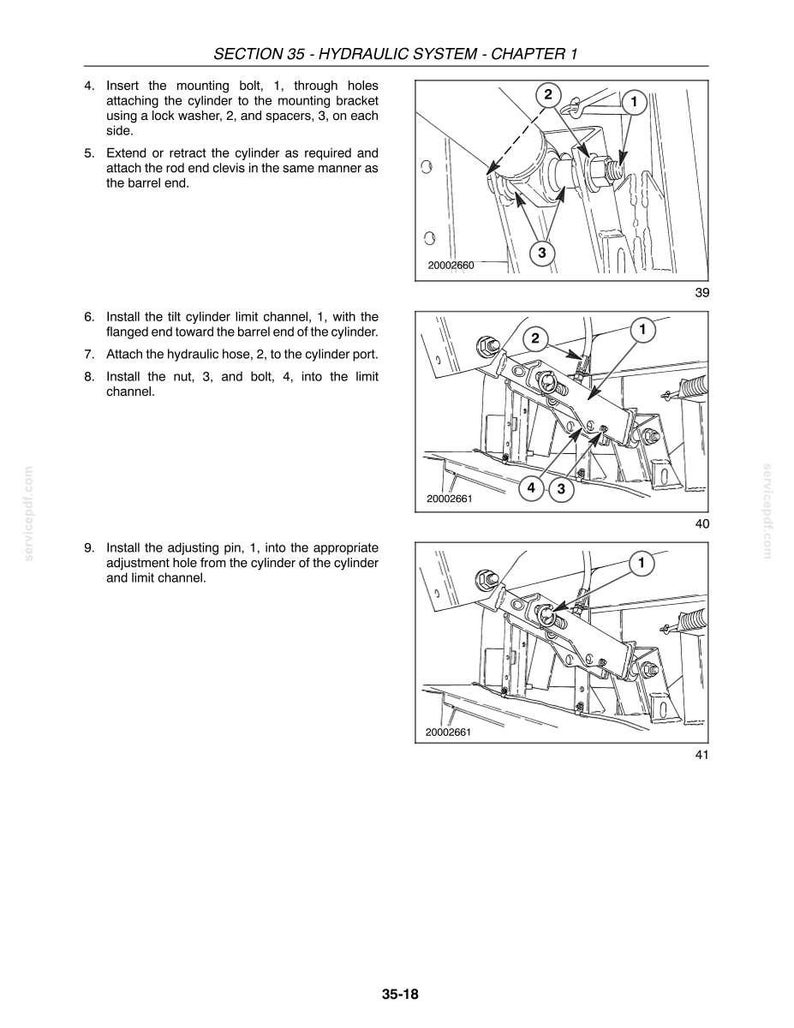 May include: A technical manual page titled SECTION 35 - HYDRAULIC SYSTEM - CHAPTER 1, featuring three black and white line drawings with numbered callouts illustrating the installation of a hydraulic cylinder, a limit channel, and an adjusting pin.