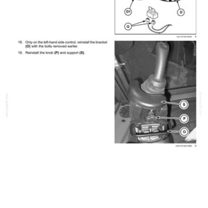 May include: Diagram of hydraulic hand control components, including a mounting plate, connectors, and a decal. The image also shows a bracket, knob, and support, with labels for each part. Text instructions are included.