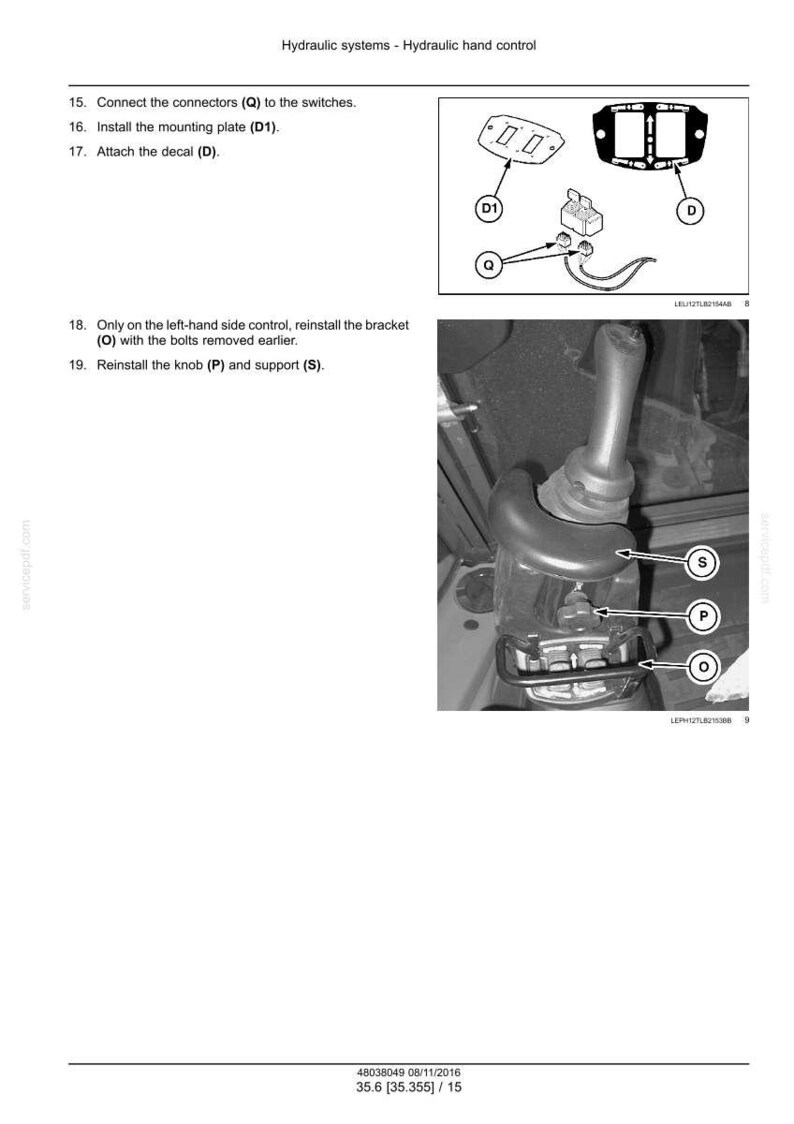 May include: Diagram of hydraulic hand control components, including a mounting plate, connectors, and a decal. The image also shows a bracket, knob, and support, with labels for each part. Text instructions are included.