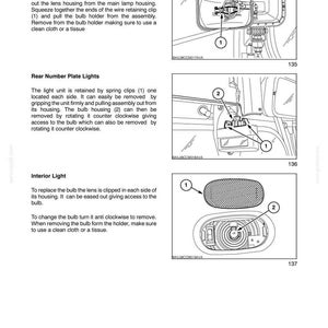 May include: A technical manual page titled SECTION 4 - LUBRICATION AND MAINTENANCE. It features three black and white line drawings illustrating the removal of cab worklamps, rear number plate lights, and an interior light with numbered parts.