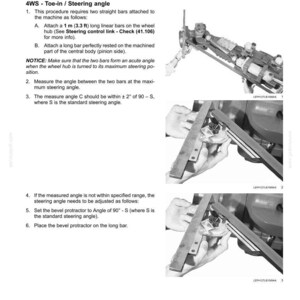 May include: Image showing instructions for adjusting a steering control link. The text details the procedure for checking and adjusting the toe-in/steering angle, including attaching bars and using a protractor. The image includes diagrams and measurements in feet.