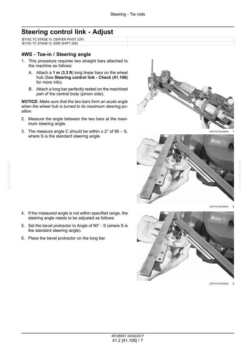 May include: Image showing instructions for adjusting a steering control link. The text details the procedure for checking and adjusting the toe-in/steering angle, including attaching bars and using a protractor. The image includes diagrams and measurements in feet.