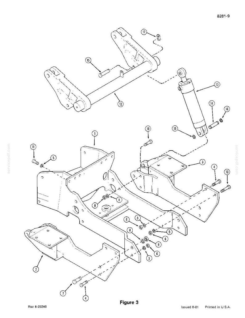 May include: A detailed black and white diagram of heavy machinery components, such as brackets, a cylinder, and bolts. The image includes labels and dashed lines to show how the parts fit together. The text "Figure 3" is at the bottom.