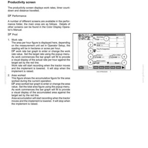 May include: A technical manual page titled 3-CONTROLS AND INSTRUMENTS featuring a performance monitor on color display. It includes text describing productivity screens, work rate, and area worked, alongside a diagram of a digital interface.