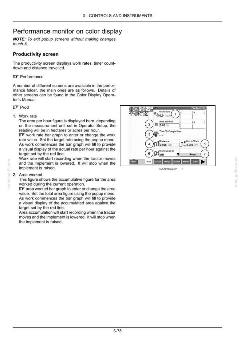 May include: A technical manual page titled 3-CONTROLS AND INSTRUMENTS featuring a performance monitor on color display. It includes text describing productivity screens, work rate, and area worked, alongside a diagram of a digital interface.