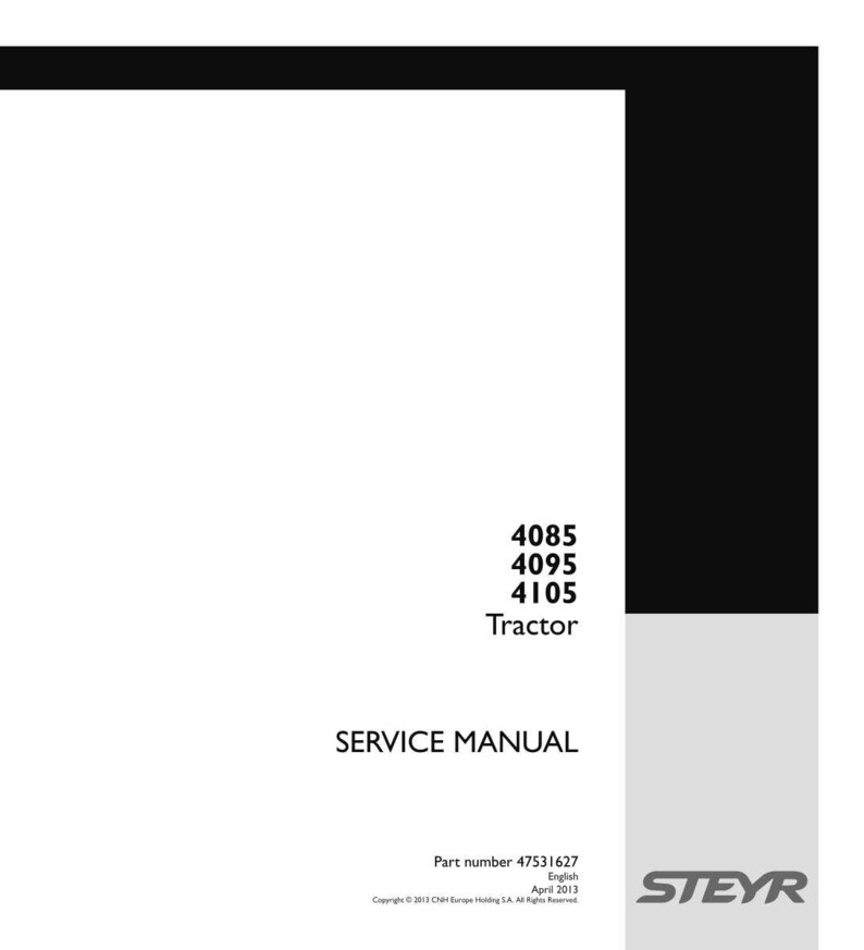 May include: A white service manual cover for a Steyr tractor with black and grey accents. The text reads 4085, 4095, 4105, Tractor, SERVICE MANUAL, Part number 47531627, English, April 2013, Copyright 2013 CNH Europe Holding S.A. All Rights Reserved.