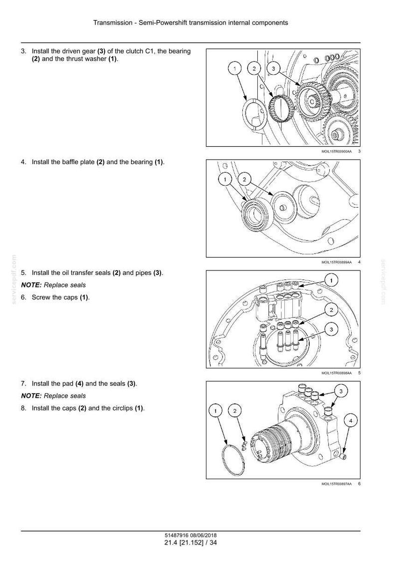 May include: Diagram of semi-powershift transmission internal components. The image shows detailed illustrations of parts installation, including gears, seals, and caps. Numbered components are labeled for clarity, with arrows indicating assembly points.