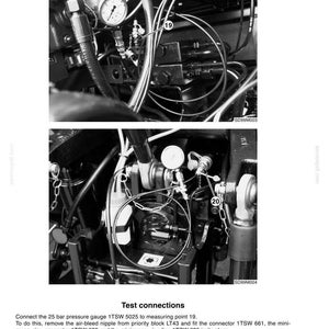 Pode incluir: Imagem a preto e branco de um teste de trav&atilde;o hidr&aacute;ulico de reboque. Inclui um man&oacute;metro, tubos e pontos de liga&ccedil;&atilde;o rotulados como 19 e 20. O texto na parte superior diz "TEST - HADRAULIC TRAILER BRAKE".