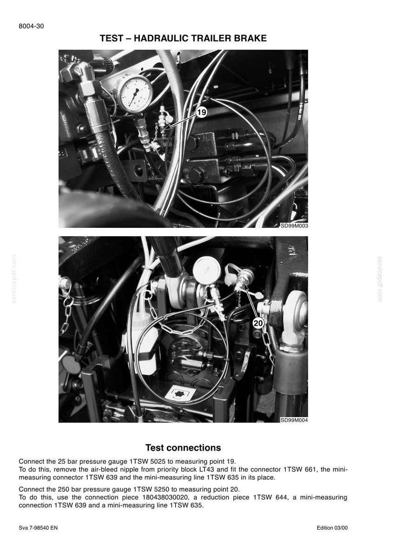 Pode incluir: Imagem a preto e branco de um teste de trav&atilde;o hidr&aacute;ulico de reboque. Inclui um man&oacute;metro, tubos e pontos de liga&ccedil;&atilde;o rotulados como 19 e 20. O texto na parte superior diz "TEST - HADRAULIC TRAILER BRAKE".