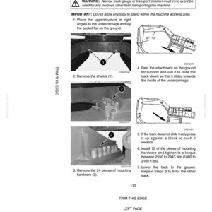 May include: A page from an operating manual with instructions on setting tracks in transport position. The manual includes diagrams and numbered steps for the process, along with warnings and important notes.