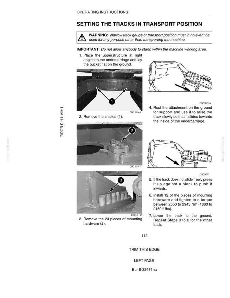 May include: A page from an operating manual with instructions on setting tracks in transport position. The manual includes diagrams and numbered steps for the process, along with warnings and important notes.