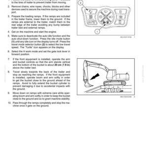 May include: Diagram of a transport trailer unloading procedure. Includes illustrations of a control panel with buttons and a construction vehicle with a bucket. Text explains the steps for safe unloading.