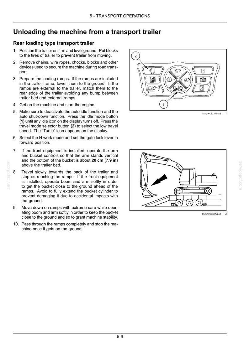 May include: Diagram of a transport trailer unloading procedure. Includes illustrations of a control panel with buttons and a construction vehicle with a bucket. Text explains the steps for safe unloading.
