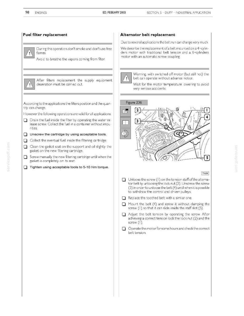 May include: Page from a manual detailing fuel filter and alternator belt replacement procedures. Includes diagrams and step-by-step instructions with warnings. Text is in English, with measurements in Nm.