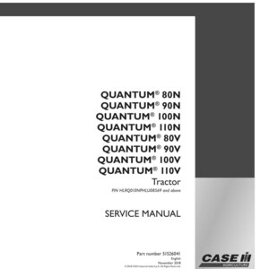 May include: A white service manual with the text "QUANTUM" followed by model numbers, and "Tractor". The manual includes the text "SERVICE MANUAL" and "CASE IH AGRICULTURE".