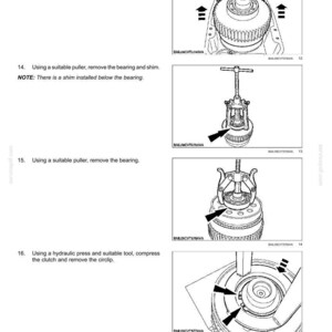 May include: Illustrated instructions for removing and compressing PTO components. Step-by-step guide with diagrams for removing the clutch housing assembly, bearing, and circlip. Includes text and arrows.