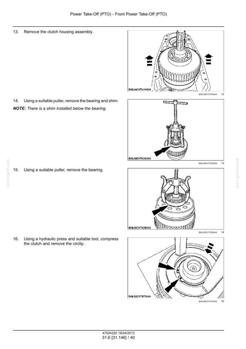 May include: Illustrated instructions for removing and compressing PTO components. Step-by-step guide with diagrams for removing the clutch housing assembly, bearing, and circlip. Includes text and arrows.