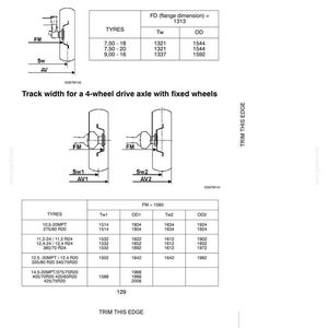 May include: A technical document page titled TYRES/WHEELS/TRACK WIDTHS/BALLAST. It contains two diagrams showing wheel axle configurations and two tables listing tyre specifications, flange dimensions, track widths, and outer diameters in millimeters.