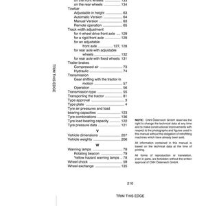 May include: A black and white technical manual page featuring an index of tractor components including engine, axles, towbar, transmission, and tire specifications. The text lists various mechanical systems and page numbers, with a legal disclaimer at the bottom right.