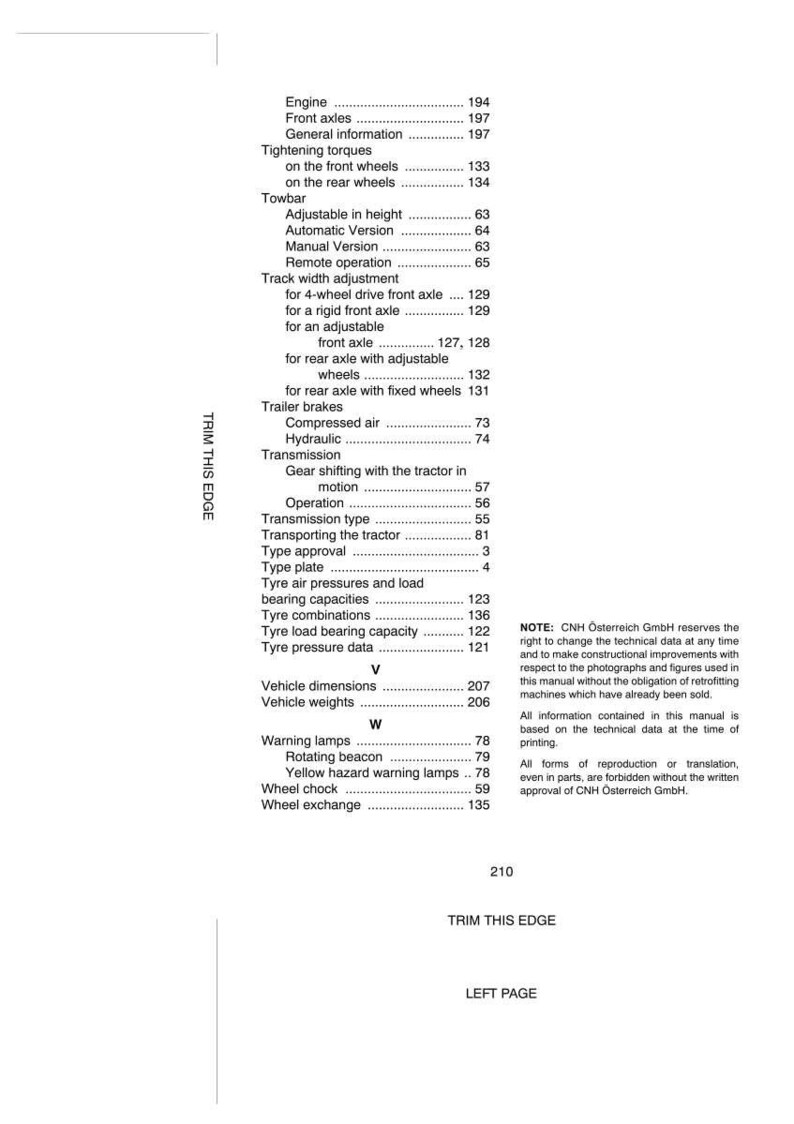 May include: A black and white technical manual page featuring an index of tractor components including engine, axles, towbar, transmission, and tire specifications. The text lists various mechanical systems and page numbers, with a legal disclaimer at the bottom right.