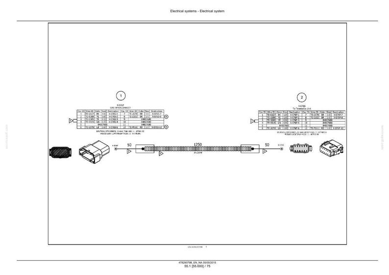 May include: Diagram of an electrical system with various components, including connectors, a wire harness, and tables of specifications. The diagram includes measurements in millimeters and is labeled "Electrical systems - Electrical system."