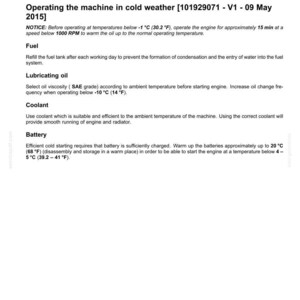 May include: A page from a manual titled "6 - WORKING OPERATIONS." The text details operating procedures for machinery in cold weather, including fuel, lubricating oil, coolant, and battery maintenance. Includes temperature conversions in Fahrenheit.