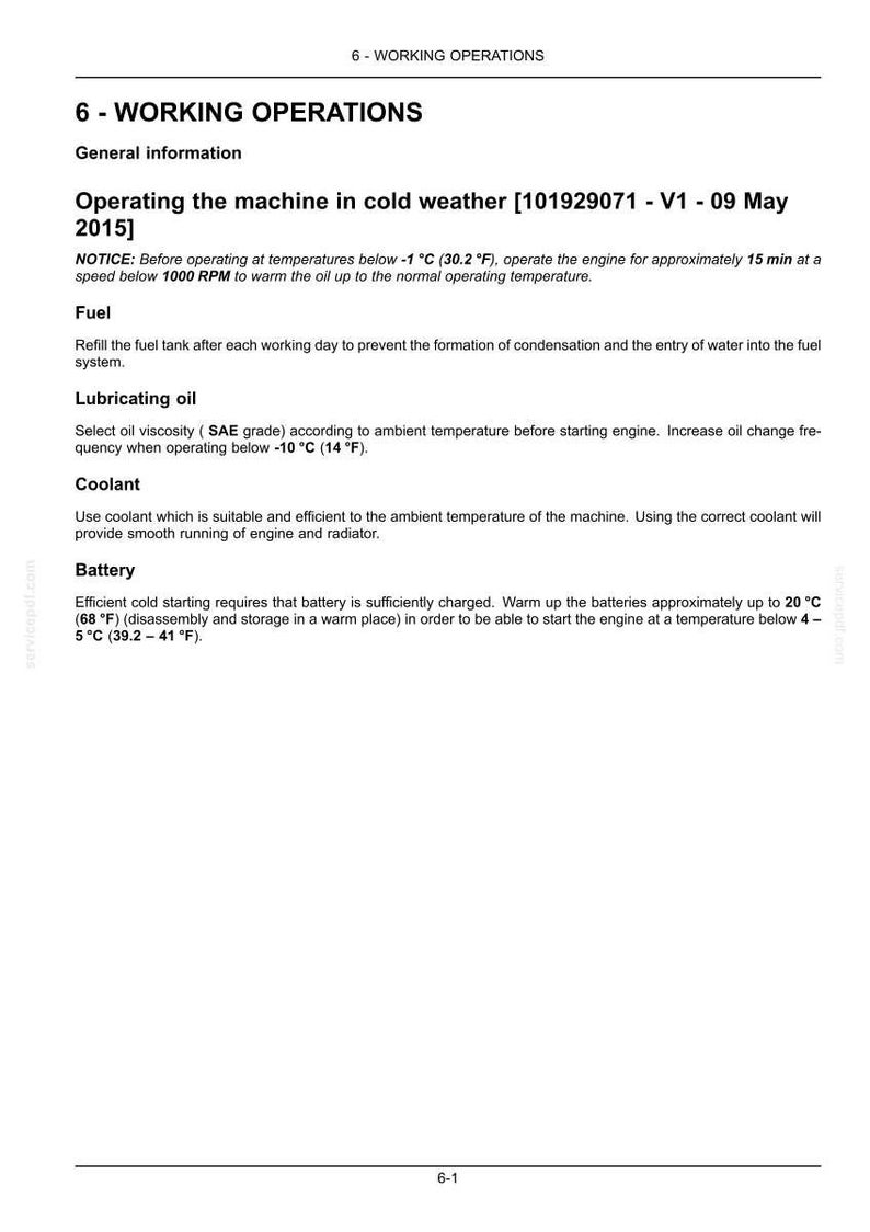 May include: A page from a manual titled "6 - WORKING OPERATIONS." The text details operating procedures for machinery in cold weather, including fuel, lubricating oil, coolant, and battery maintenance. Includes temperature conversions in Fahrenheit.