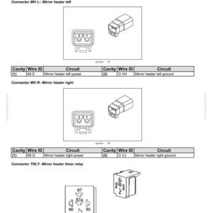 May include: Diagram of electrical connectors and circuits, including mirror heater and timer relay components. The image includes detailed illustrations of connectors, wire IDs, and circuit descriptions for automotive electrical systems.