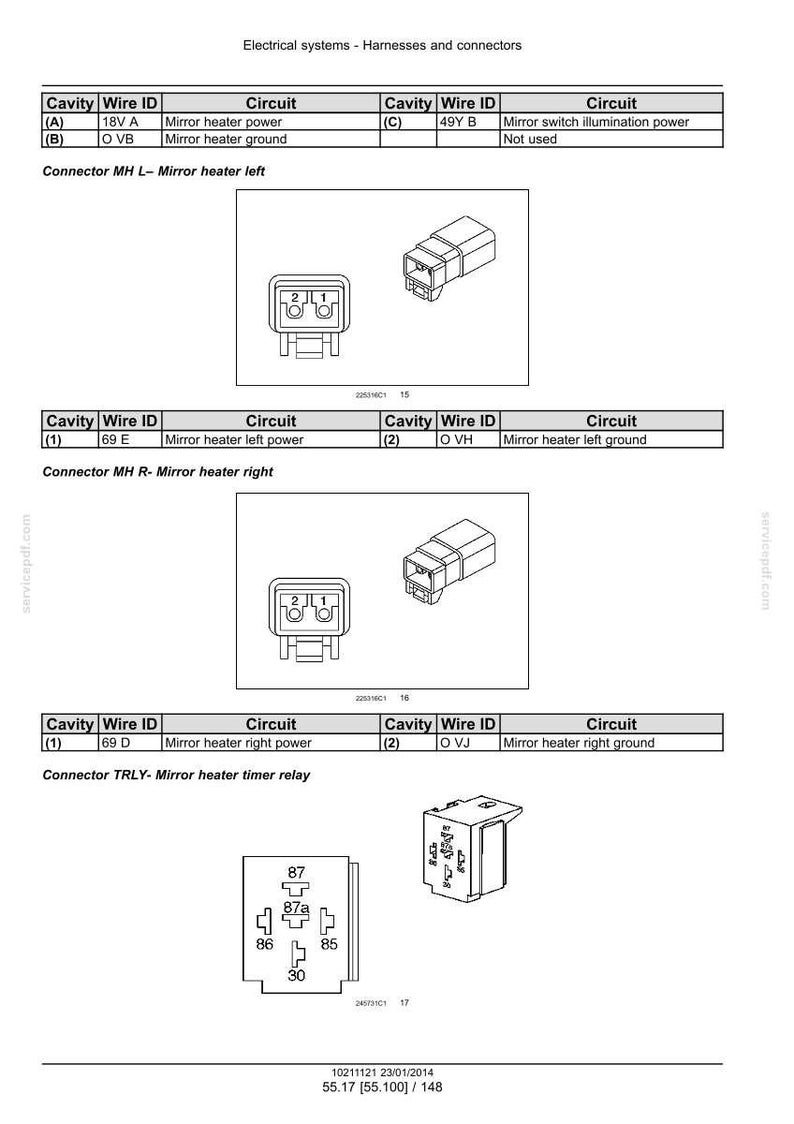 May include: Diagram of electrical connectors and circuits, including mirror heater and timer relay components. The image includes detailed illustrations of connectors, wire IDs, and circuit descriptions for automotive electrical systems.