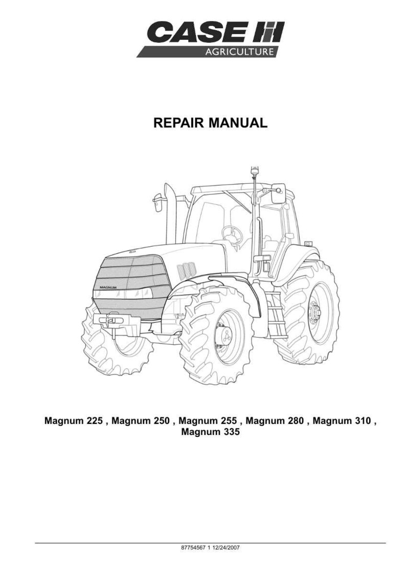 Op de afbeelding: Een zwart-witte lijntekening van een tractor met de tekst "REPAIR MANUAL" en "CASE IH AGRICULTURE". De tractormodellen Magnum 225, 250, 255, 280, 310 en 335 staan onder de afbeelding.