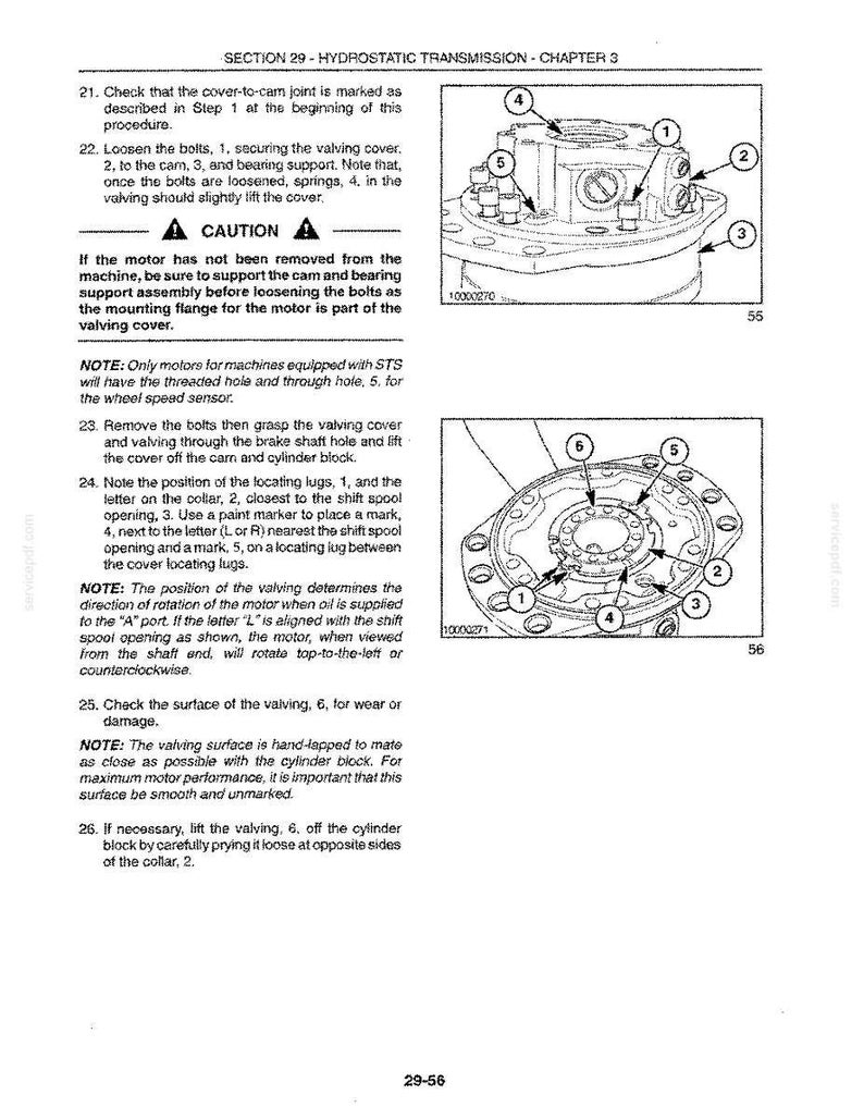 May include: A technical manual page titled SECTION 29 - HYDROSTATIC TRANSMISSION - CHAPTER 3, featuring two black and white line drawings of mechanical components with numbered labels 1 through 6, alongside detailed maintenance instructions.