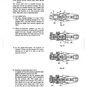 K&ouml;nnte beinhalten: Eine technische Dokumentenseite mit dem Titel 2.2.8 TRAVEL RELIEF VALVE AND PORT RELIEF VALVE. Sie enth&auml;lt beschreibenden Text und vier schwarz-wei&szlig;e Querschnittsdiagramme mit der Bezeichnung Fig. 37, 38, 39 und 40, die Ventilkomponenten zeigen.
