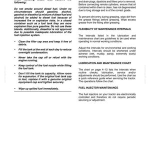 May include: A technical document page titled Section 4 - Lubrication and Maintenance. It provides instructions for fueling a tractor, preventing system contamination, managing maintenance intervals, and maintaining fuel injectors with black text on white.