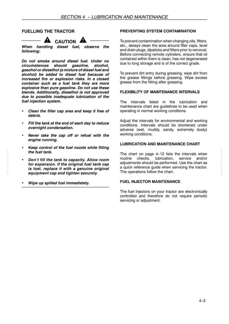 May include: A technical document page titled Section 4 - Lubrication and Maintenance. It provides instructions for fueling a tractor, preventing system contamination, managing maintenance intervals, and maintaining fuel injectors with black text on white.
