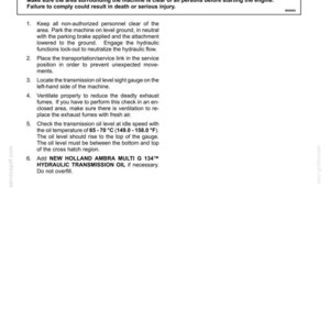 May include: A technical document page titled 7-MAINTENANCE featuring an Engine running check warning. It provides six numbered instructions for checking transmission oil levels, including safety precautions and oil specifications for New Holland machinery.
