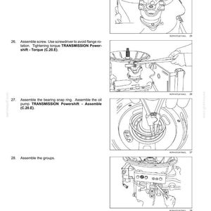 May include: Diagram from a manual showing the assembly of mechanical components. The image includes step-by-step instructions with illustrations, including installing a washer, assembling screws, and assembling the bearing snap ring. Text includes "TRANSMISSION Powershift".