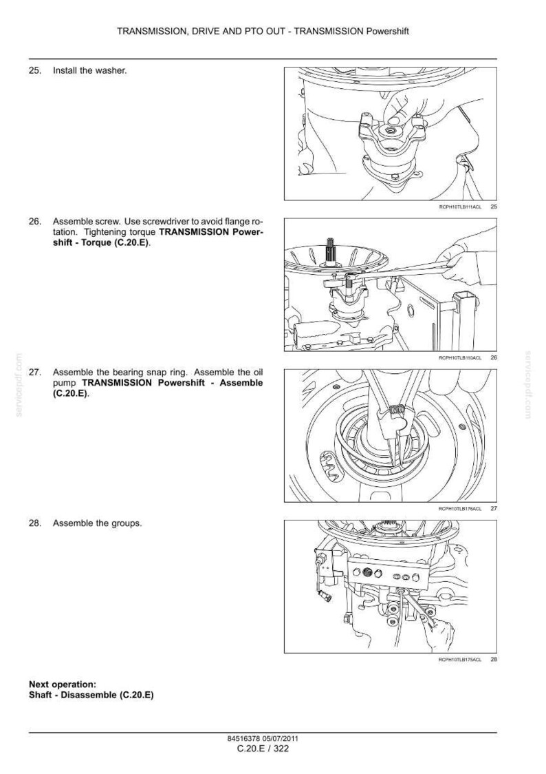 May include: Diagram from a manual showing the assembly of mechanical components. The image includes step-by-step instructions with illustrations, including installing a washer, assembling screws, and assembling the bearing snap ring. Text includes "TRANSMISSION Powershift".